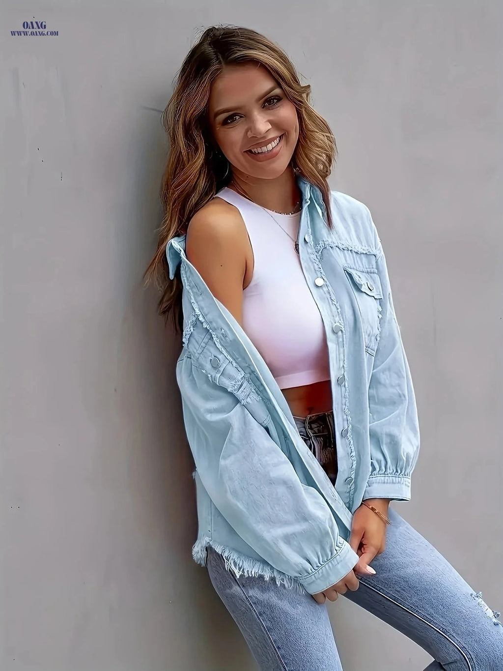 OAXG Women's Loose Fit Denim Jacket - Solid Color, Long Sleeve   OAXG 