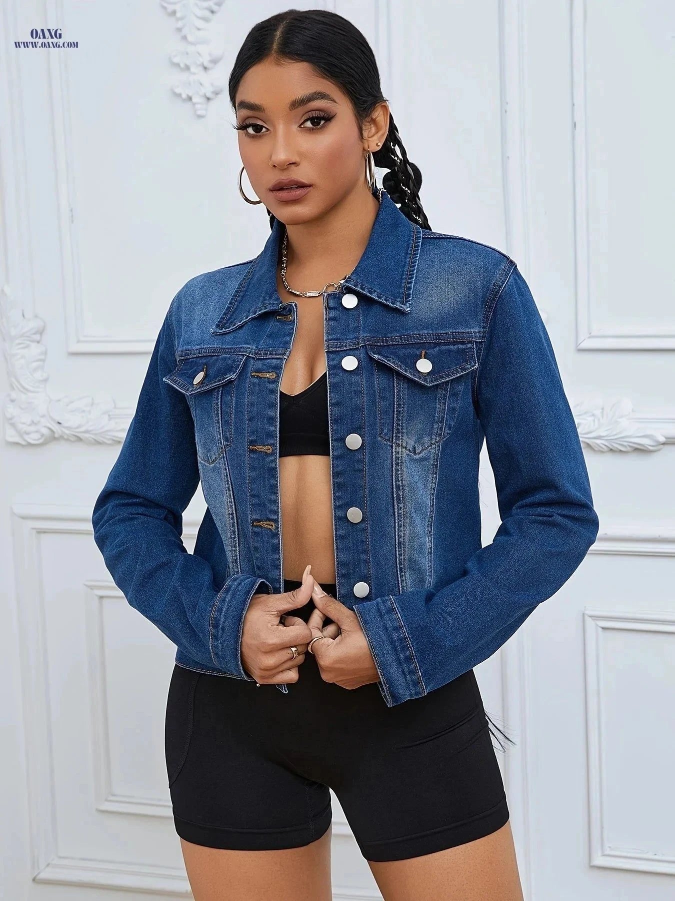 OAXG Women’s Low-Stretch Denim Jacket for Spring/Fall Basics   OAXG Medium Blue / S