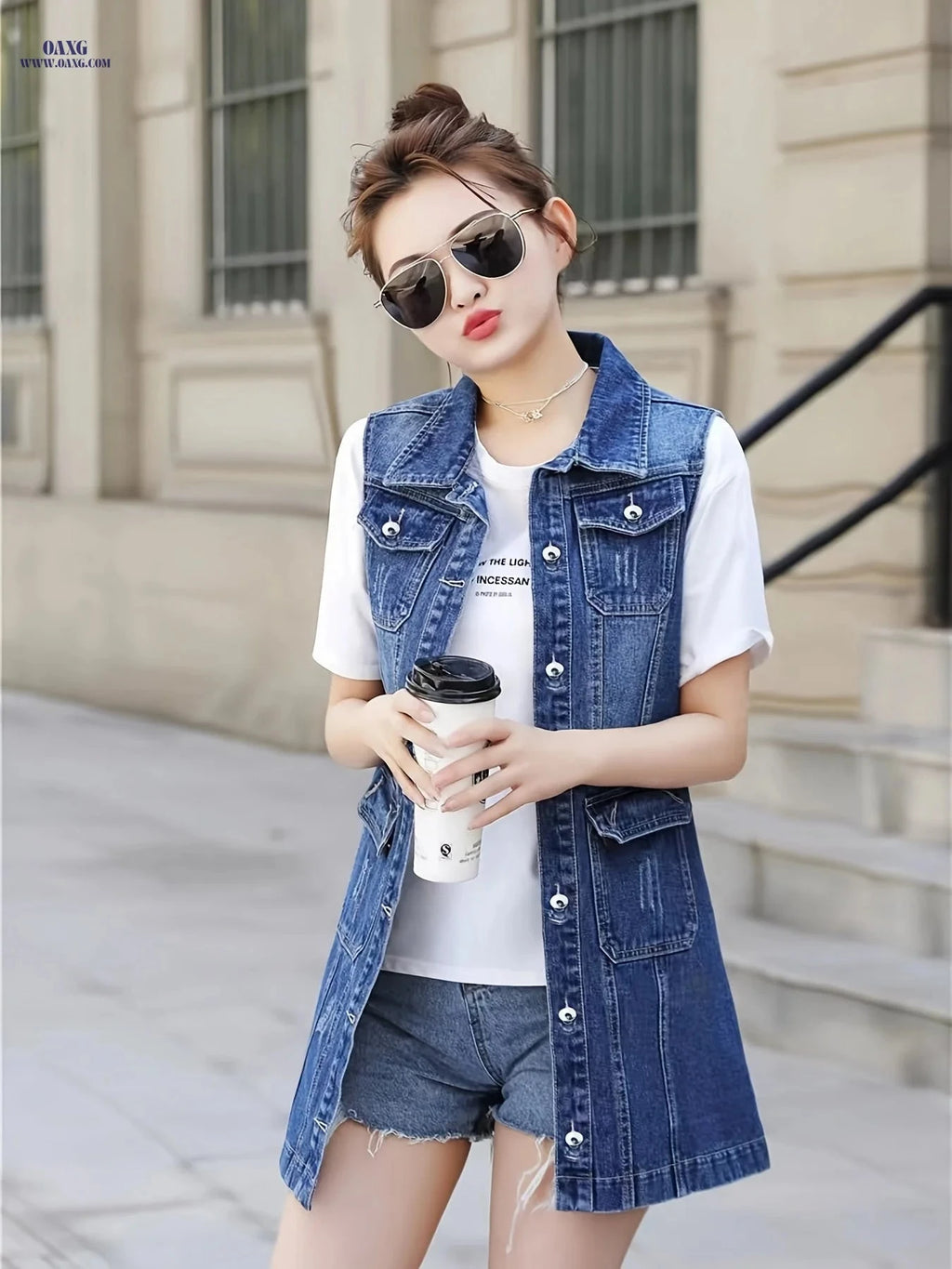 OAXG Women's Mid-Length Denim Vest - Casual Spring/Fall Outerwear   OAXG 