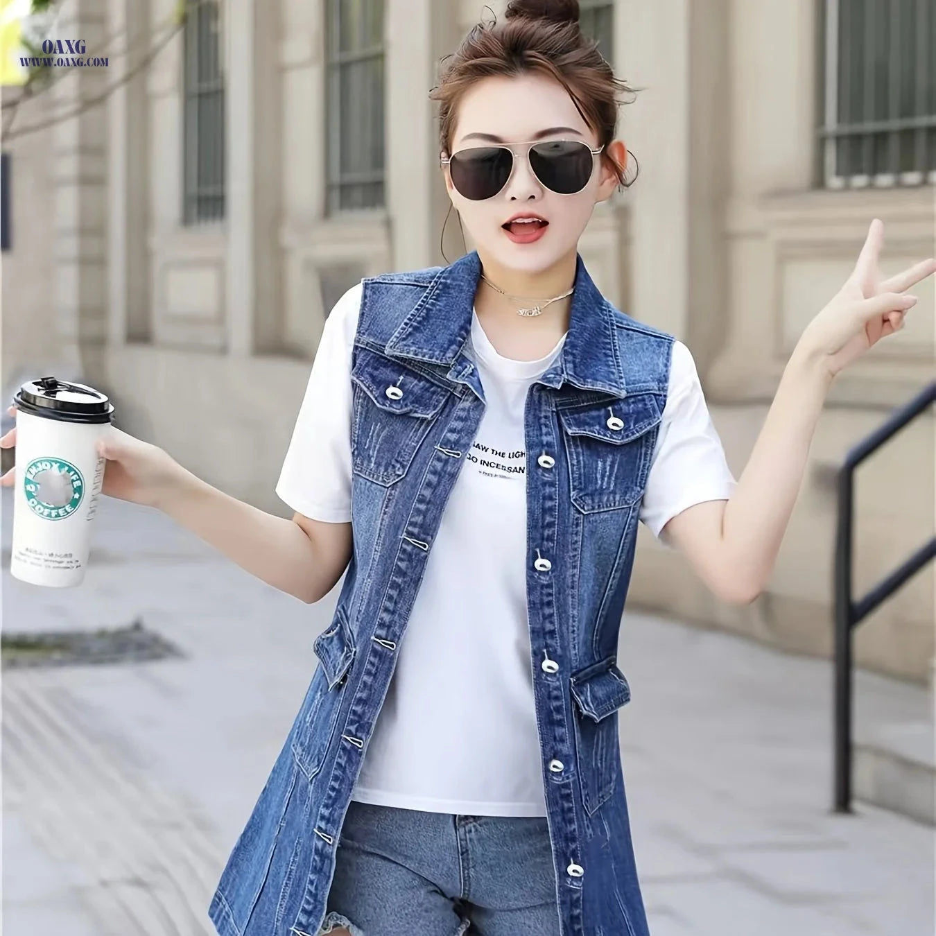 OAXG Women's Mid-Length Denim Vest - Casual Spring/Fall Outerwear   OAXG 