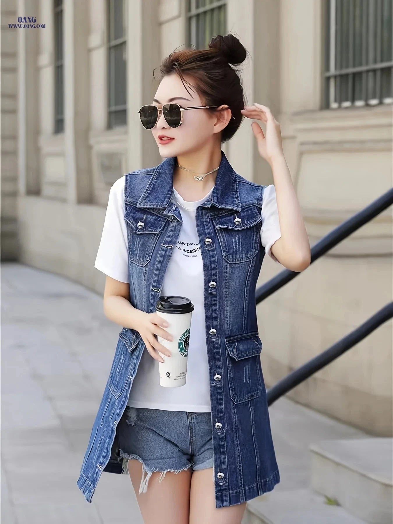 OAXG Women's Mid-Length Denim Vest - Casual Spring/Fall Outerwear   OAXG 