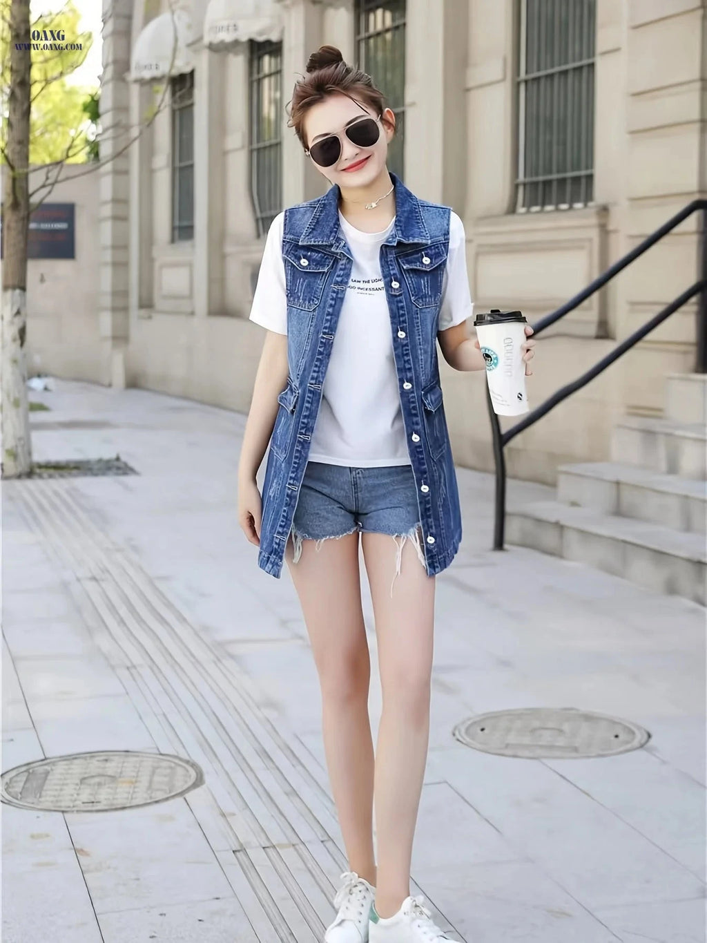 OAXG Women's Mid-Length Denim Vest - Casual Spring/Fall Outerwear   OAXG 