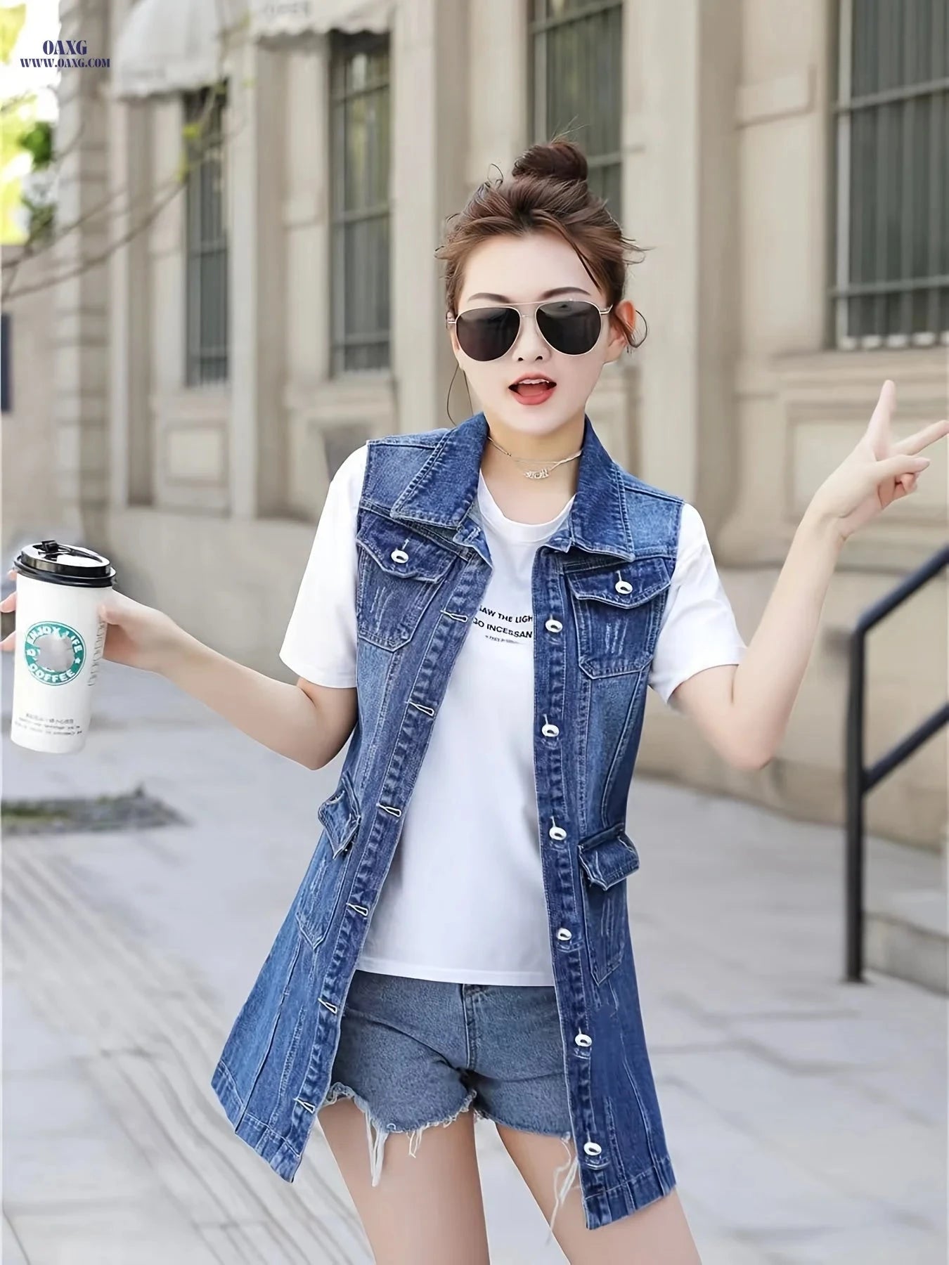 OAXG Women's Mid-Length Denim Vest - Casual Spring/Fall Outerwear   OAXG 