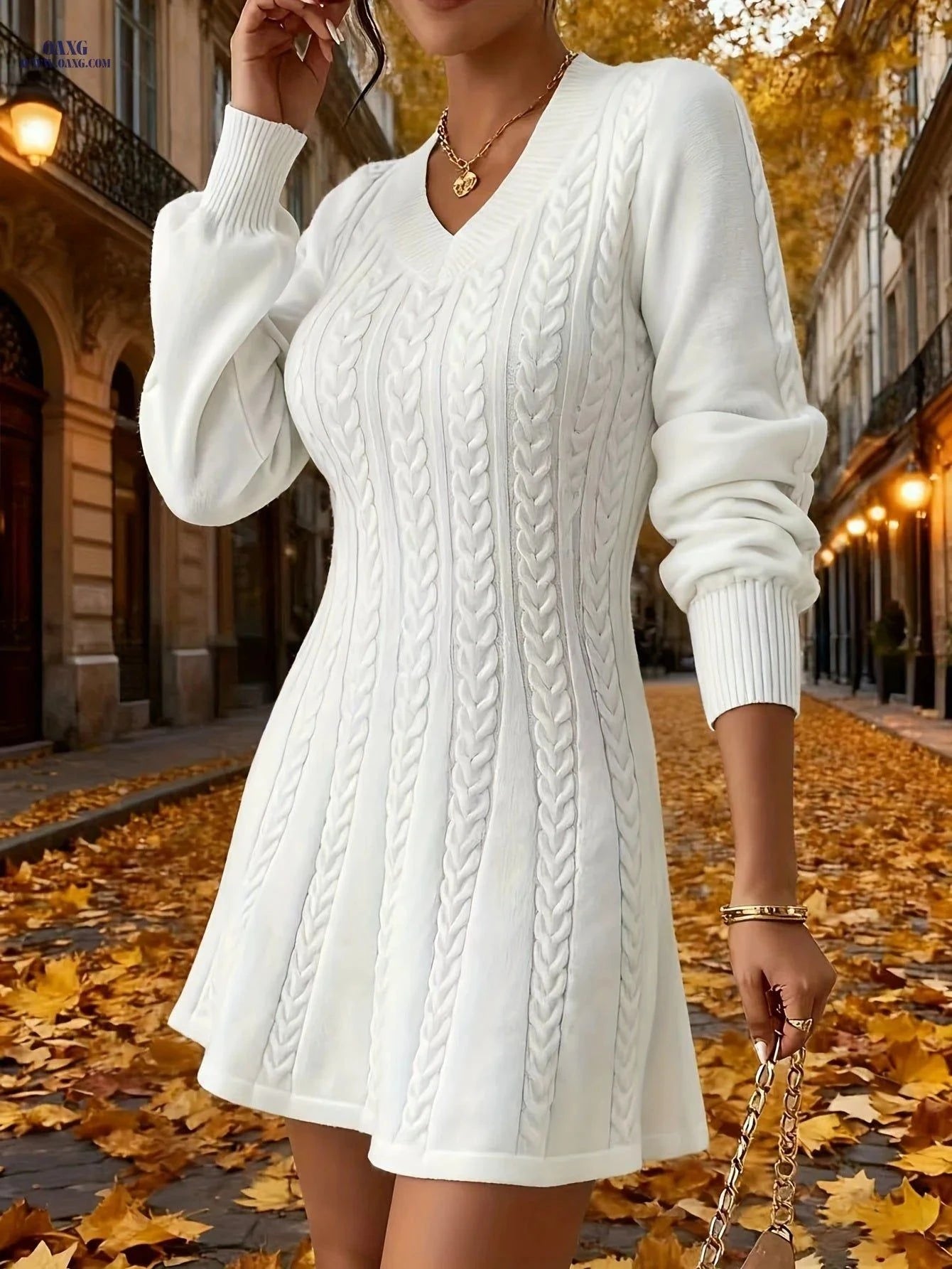 OAXG Women’s Midi Dress Sweater - V-Neck, Ribbed Long Sleeves   OAXG Ivory White / S