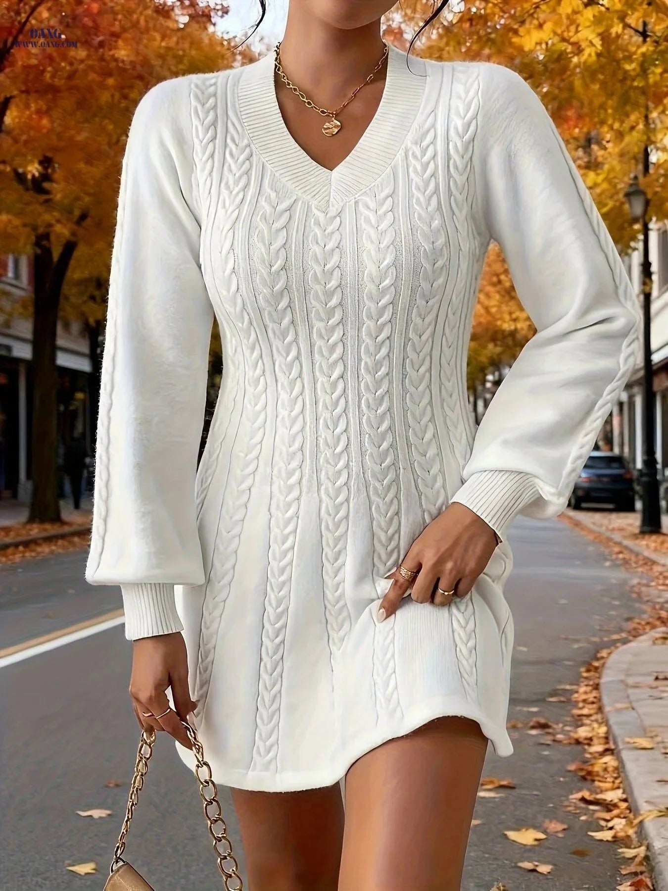 OAXG Women’s Midi Dress Sweater - V-Neck, Ribbed Long Sleeves   OAXG Ivory White / S
