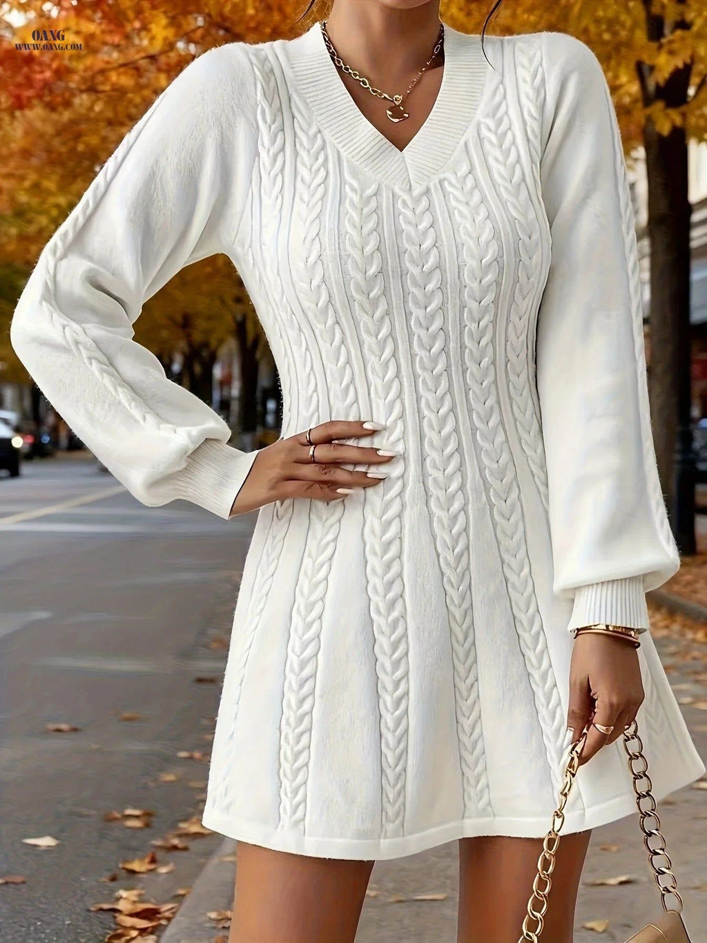 OAXG Women’s Midi Dress Sweater - V-Neck, Ribbed Long Sleeves   OAXG Ivory White / S