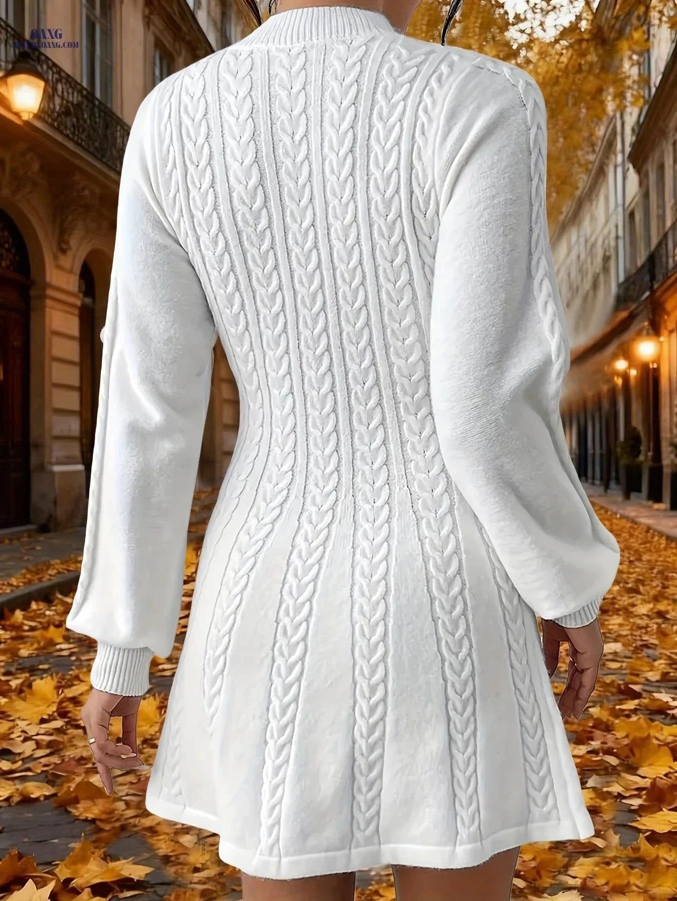 OAXG Women’s Midi Dress Sweater - V-Neck, Ribbed Long Sleeves   OAXG Ivory White / S