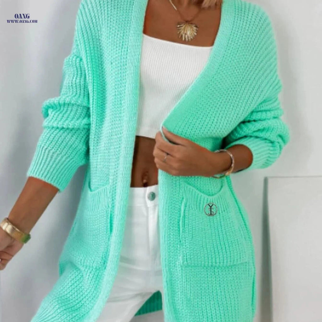 OAXG Women's Mint Green Cardigan - Open Front with Pockets   OAXG Viridity / S