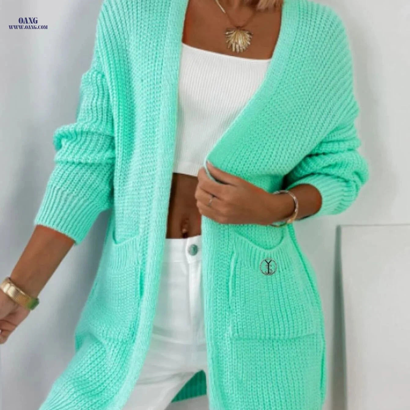 OAXG Women's Mint Green Cardigan - Open Front with Pockets   OAXG Viridity / S