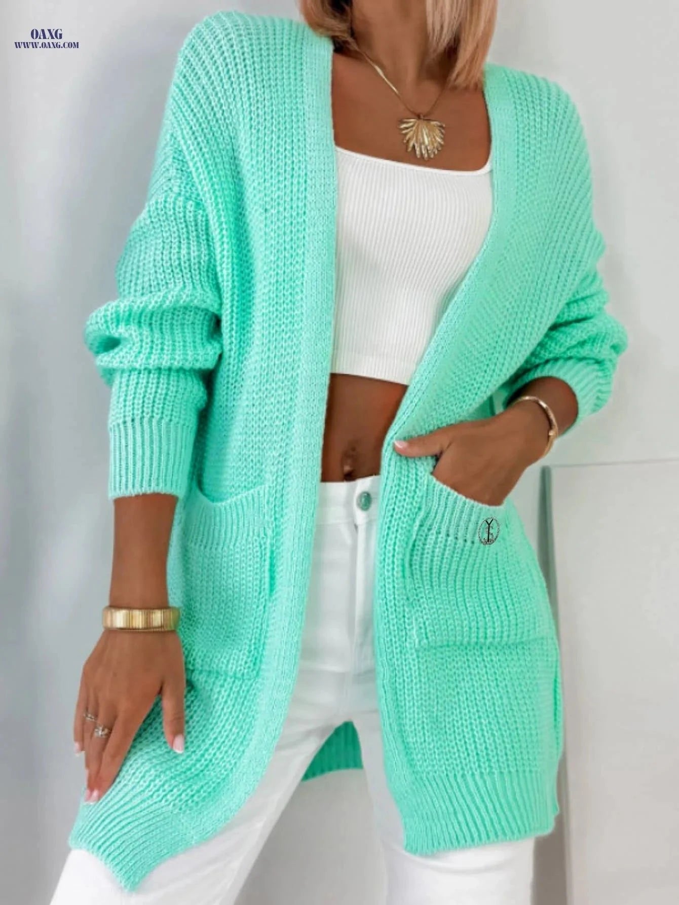 OAXG Women's Mint Green Cardigan - Open Front with Pockets   OAXG Viridity / S