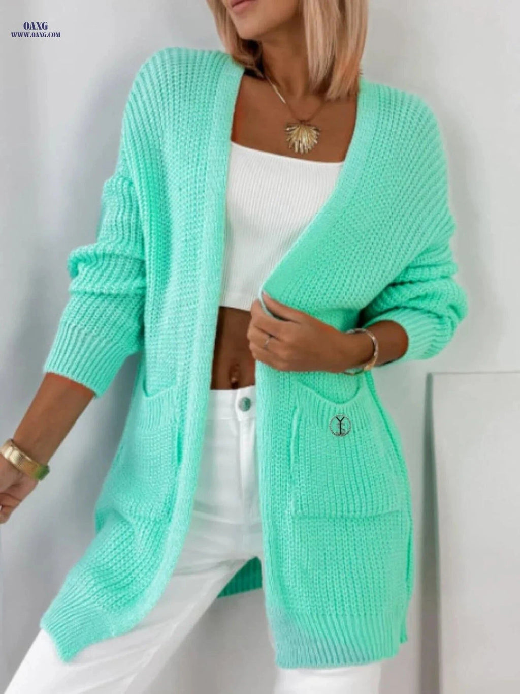 OAXG Women's Mint Green Cardigan - Open Front with Pockets   OAXG Viridity / S