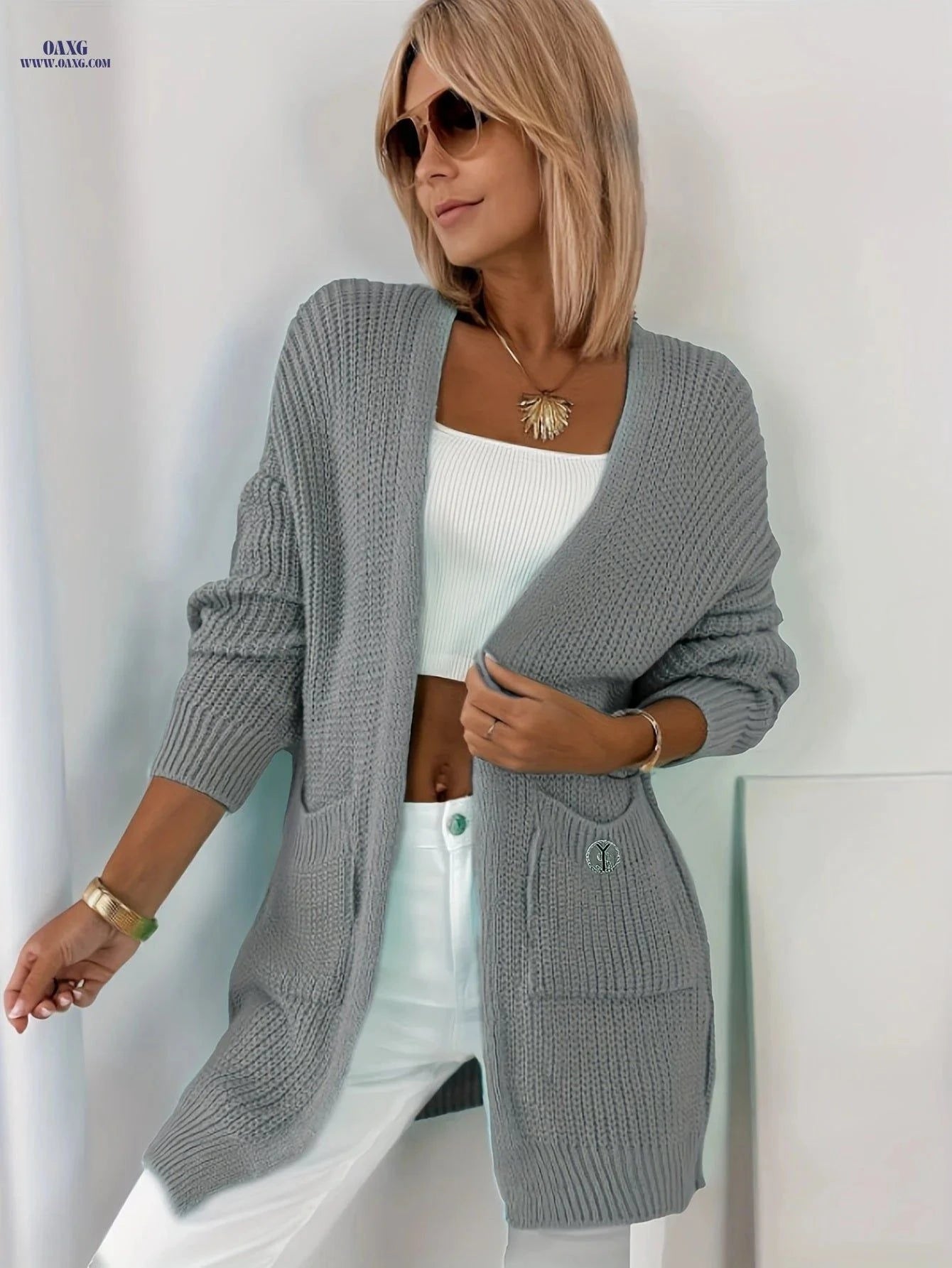 OAXG Women's Mint Green Cardigan - Open Front with Pockets   OAXG Viridity / S