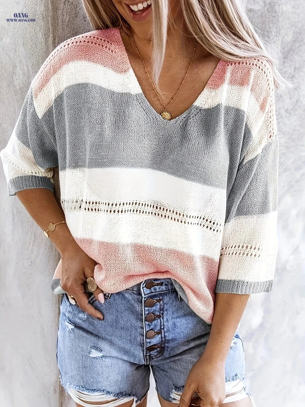 OAXG Women's Multicolor V-Neck Off-Shoulder Top for Spring/Summer   OAXG Grey / XS