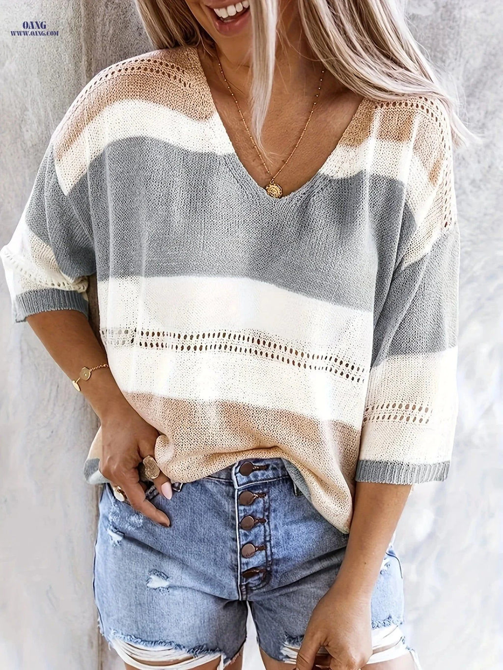 OAXG Women's Multicolor V-Neck Off-Shoulder Top for Spring/Summer   OAXG Grey / XS