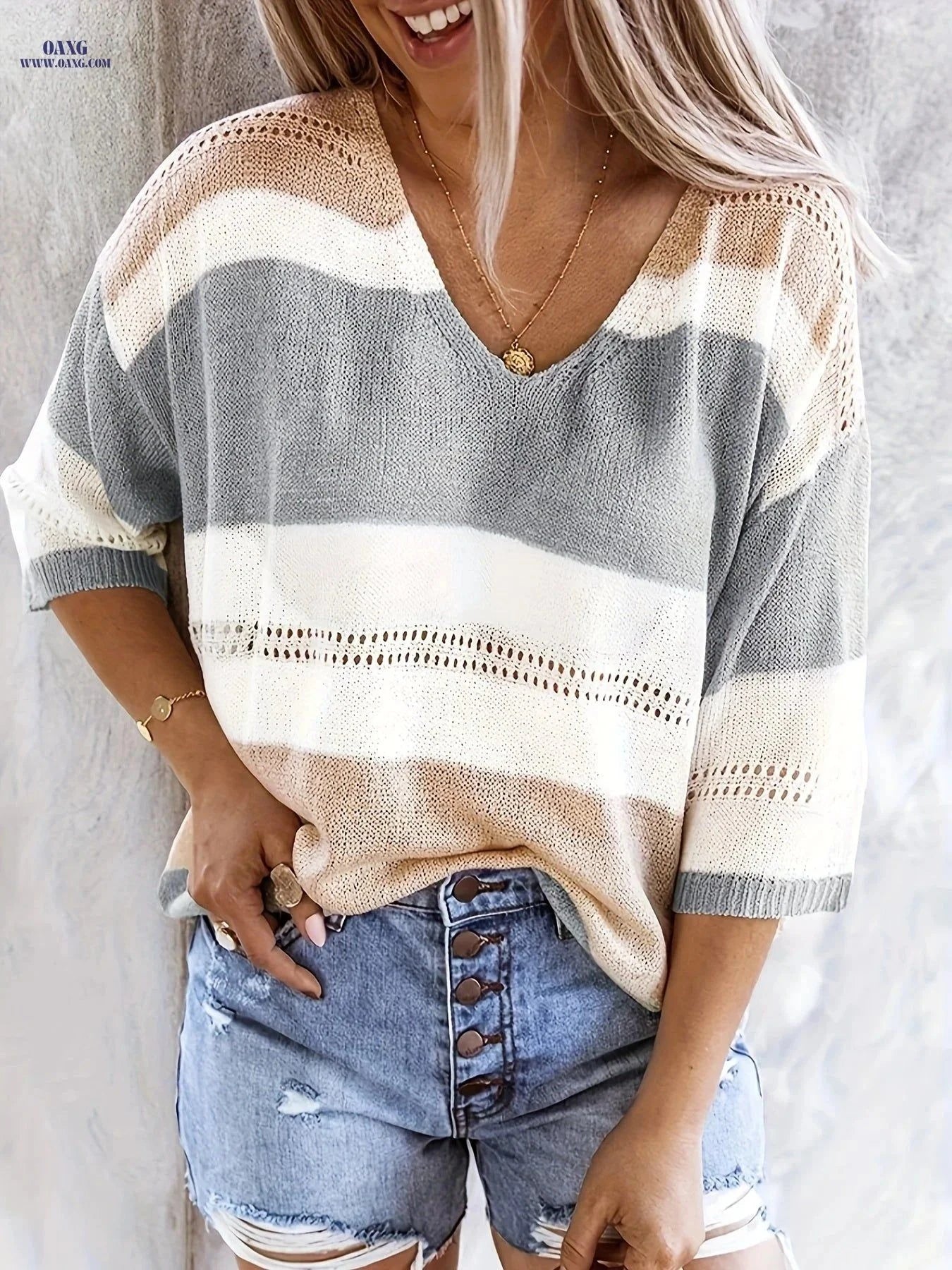 OAXG Women's Multicolor V-Neck Off-Shoulder Top for Spring/Summer   OAXG Grey / XS