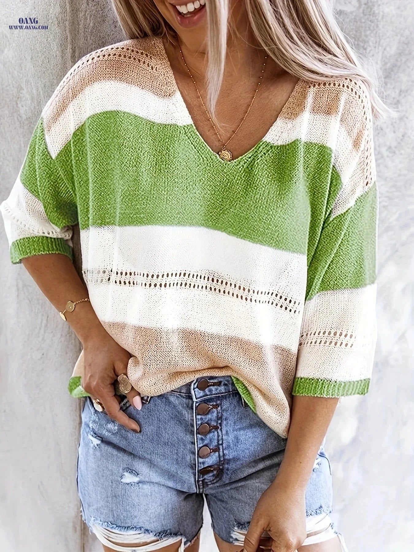 OAXG Women's Multicolor V-Neck Off-Shoulder Top for Spring/Summer   OAXG Grey / XS