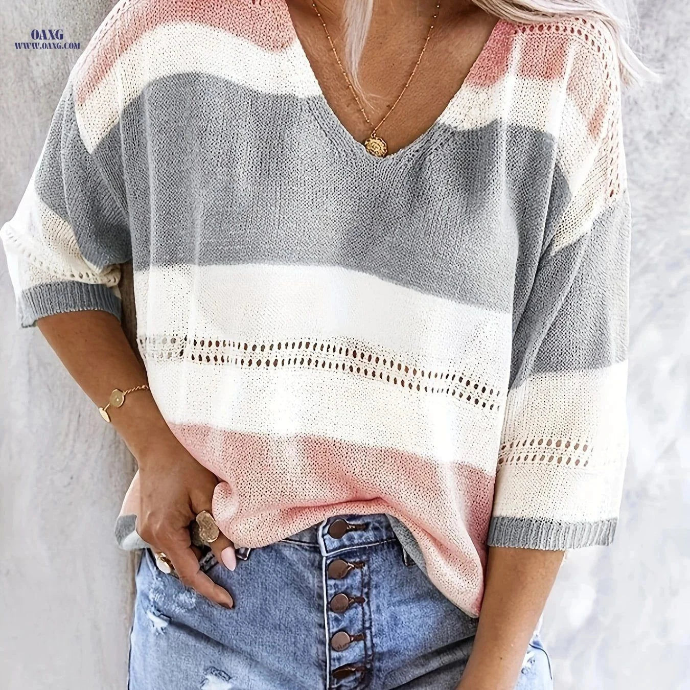 OAXG Women's Multicolor V-Neck Off-Shoulder Top for Spring/Summer   OAXG Grey / XS