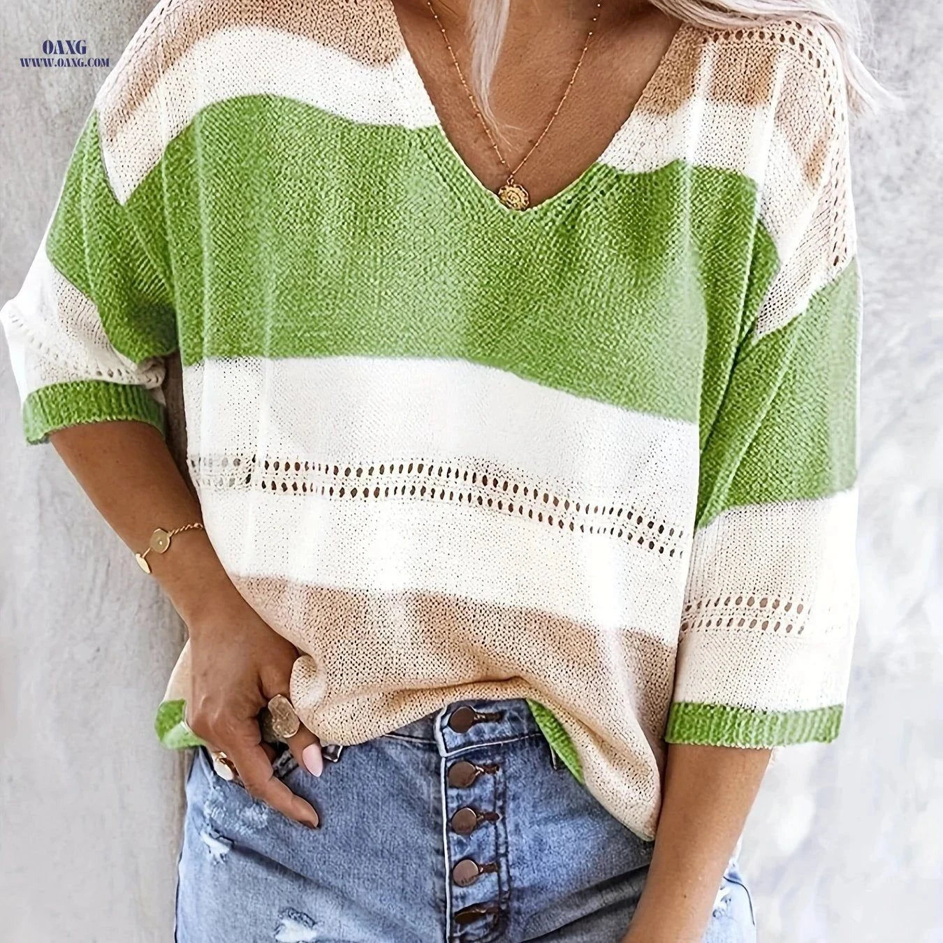 OAXG Women's Multicolor V-Neck Off-Shoulder Top for Spring/Summer   OAXG Grey / XS