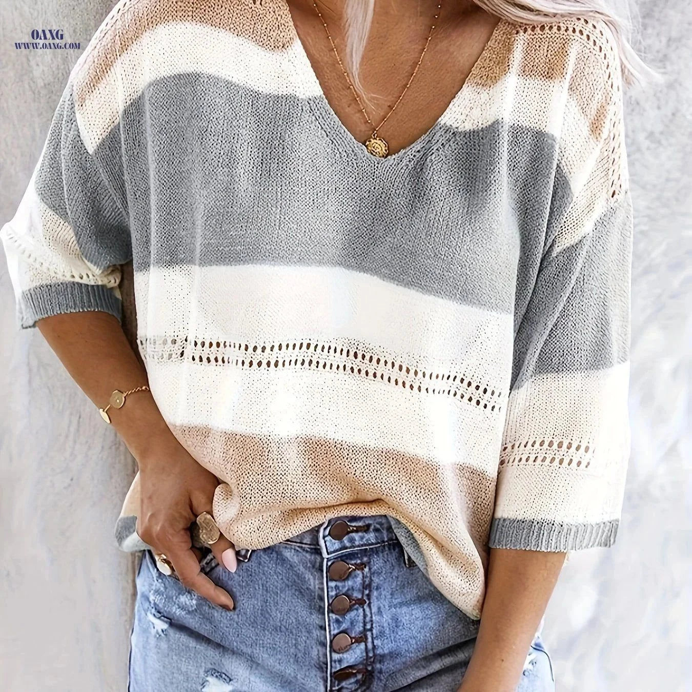 OAXG Women's Multicolor V-Neck Off-Shoulder Top for Spring/Summer   OAXG Grey / XS