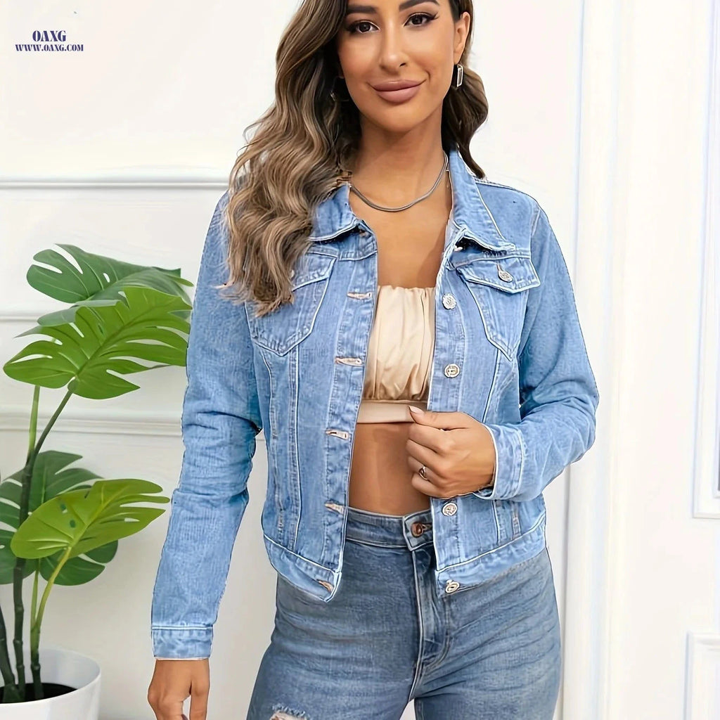 OAXG Women's Non-Stretch Denim Jacket - Casual Style with Pockets   OAXG 