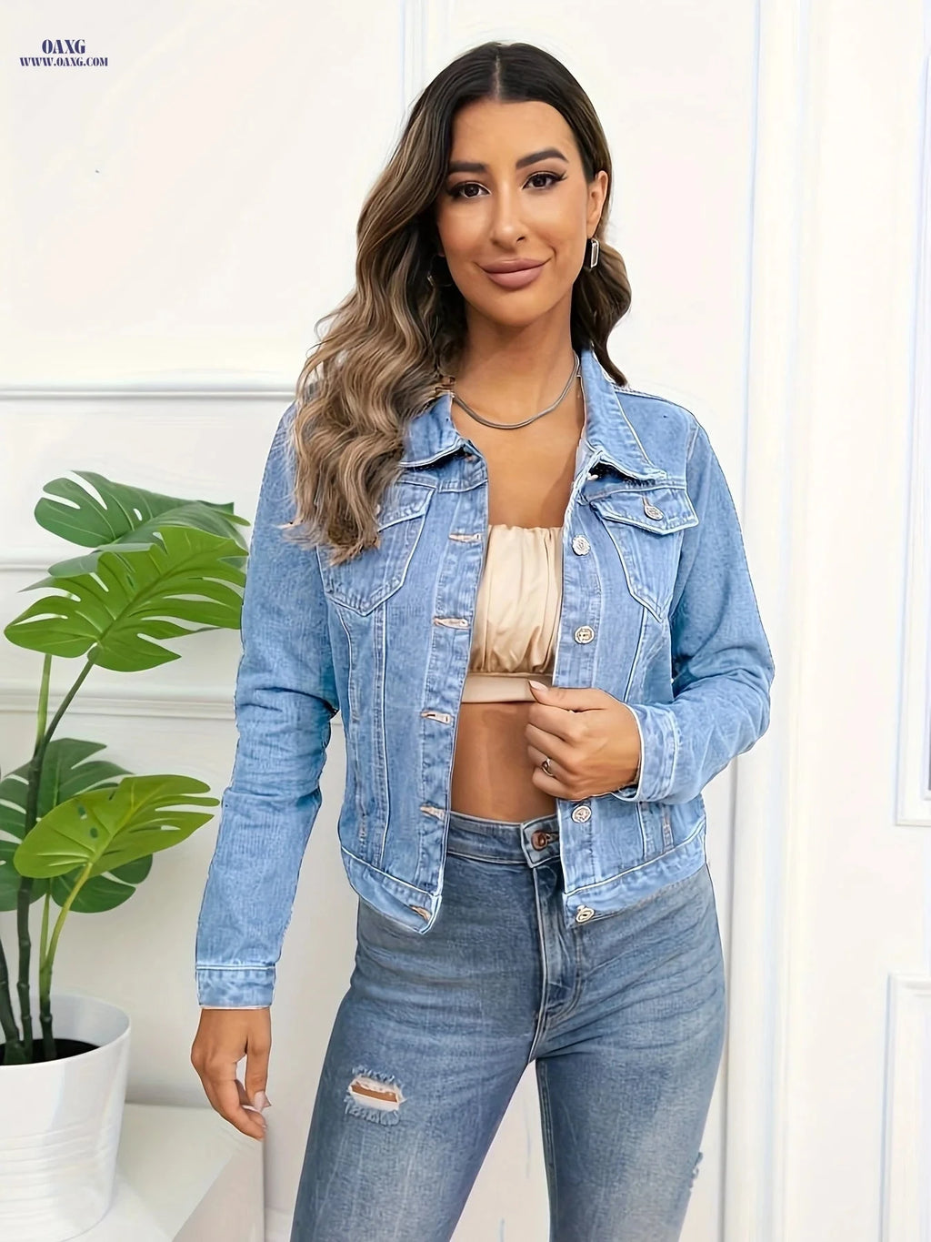 OAXG Women's Non-Stretch Denim Jacket - Casual Style with Pockets   OAXG 