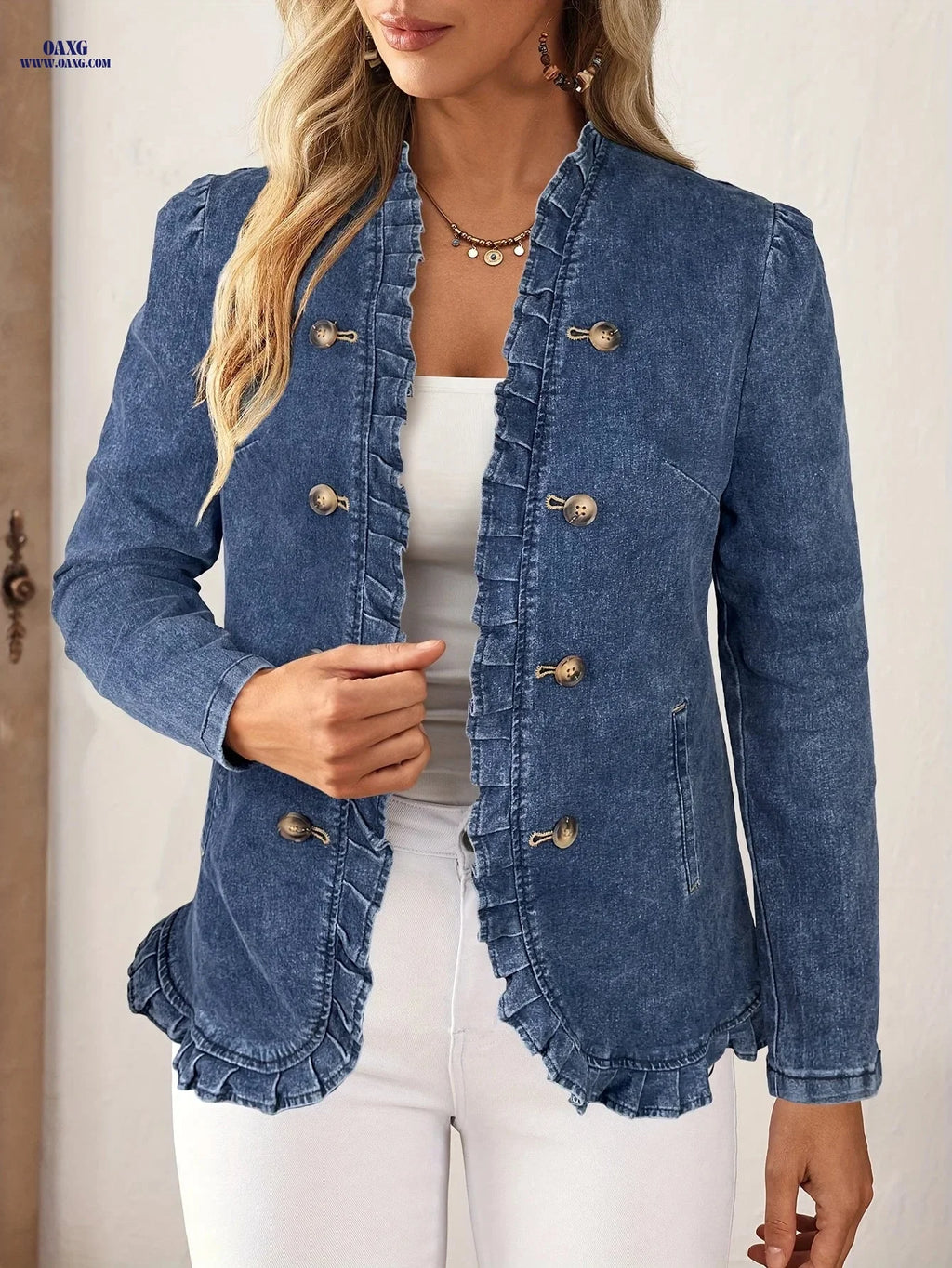 25AW Elegant And Fashionable, Women'S Open Cardigan Denim Jacket, Stretch Fabric Button Lotus Faux Pleat Pocket Detail, Elegant Fashion Casual All-Match Suitable for Outing Wear   OAXG 