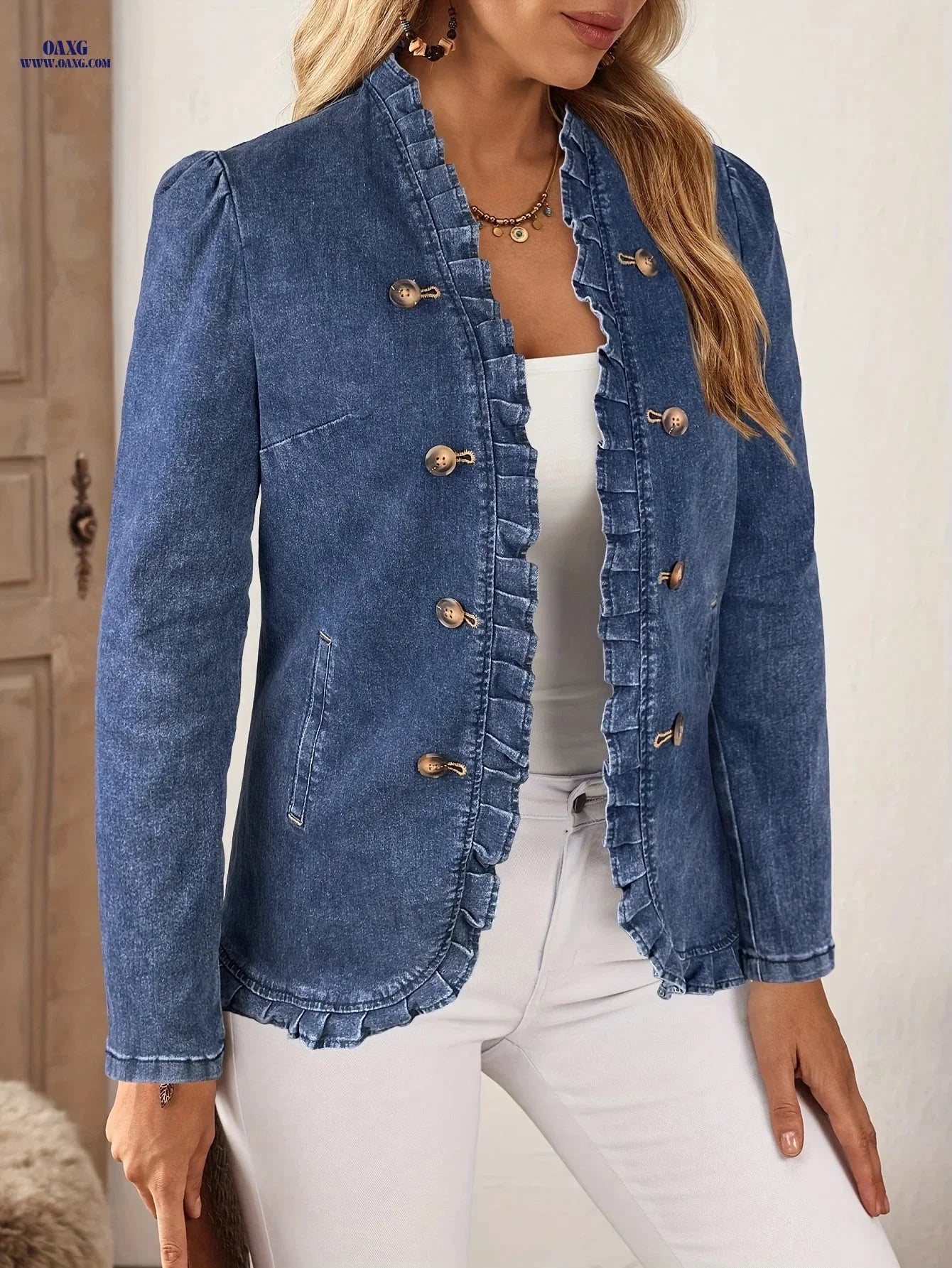 25AW Elegant And Fashionable, Women'S Open Cardigan Denim Jacket, Stretch Fabric Button Lotus Faux Pleat Pocket Detail, Elegant Fashion Casual All-Match Suitable for Outing Wear   OAXG 