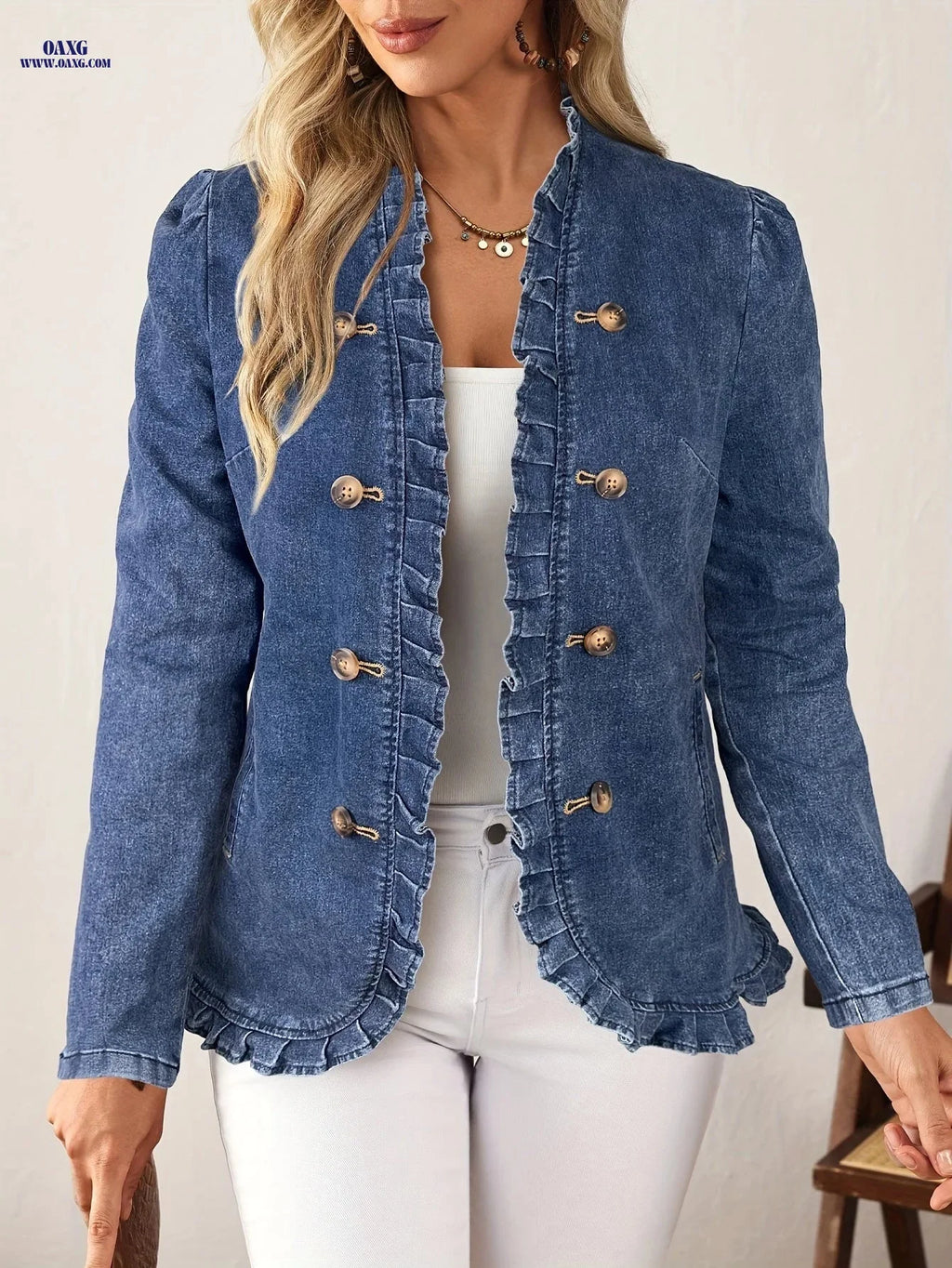 25AW Elegant And Fashionable, Women'S Open Cardigan Denim Jacket, Stretch Fabric Button Lotus Faux Pleat Pocket Detail, Elegant Fashion Casual All-Match Suitable for Outing Wear   OAXG 