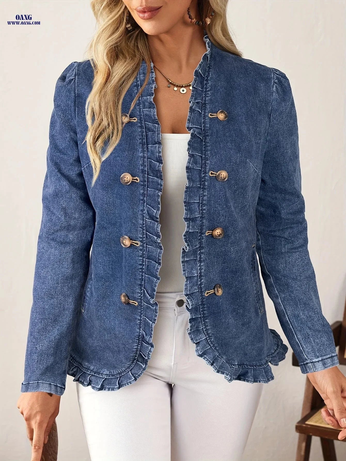 25AW Elegant And Fashionable, Women'S Open Cardigan Denim Jacket, Stretch Fabric Button Lotus Faux Pleat Pocket Detail, Elegant Fashion Casual All-Match Suitable for Outing Wear   OAXG 