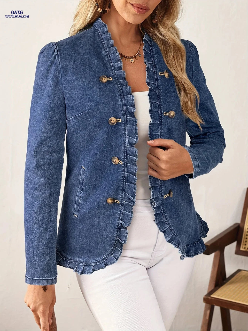 25AW Elegant And Fashionable, Women'S Open Cardigan Denim Jacket, Stretch Fabric Button Lotus Faux Pleat Pocket Detail, Elegant Fashion Casual All-Match Suitable for Outing Wear   OAXG 