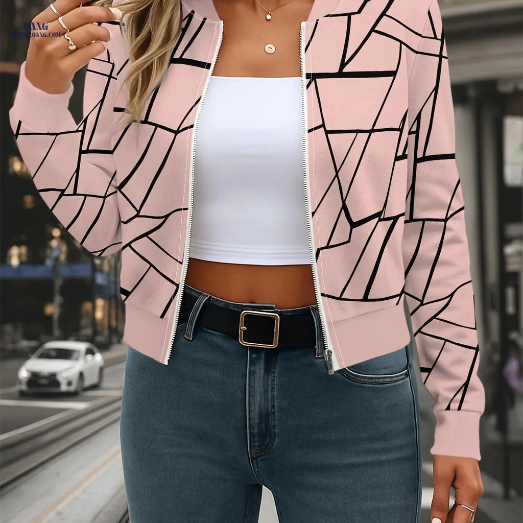 OAXG Women's Open Front Baseball Neck Jacket - Casual Striped Design   OAXG 