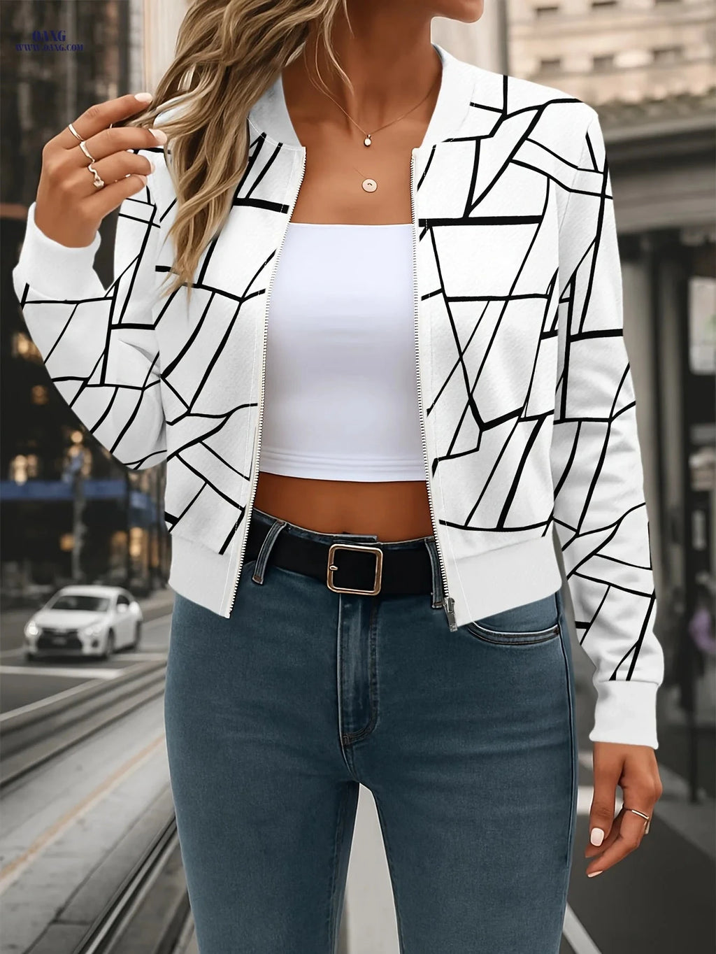 OAXG Women's Open Front Baseball Neck Jacket - Casual Striped Design   OAXG 