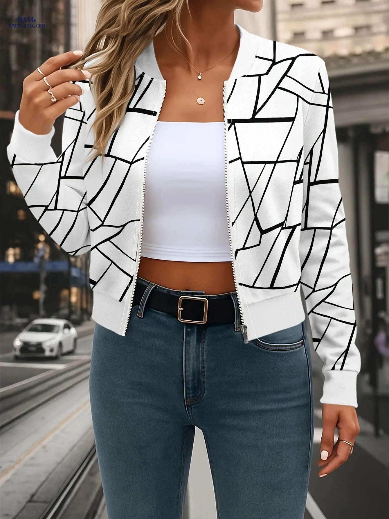 OAXG Women's Open Front Baseball Neck Jacket - Casual Striped Design   OAXG 
