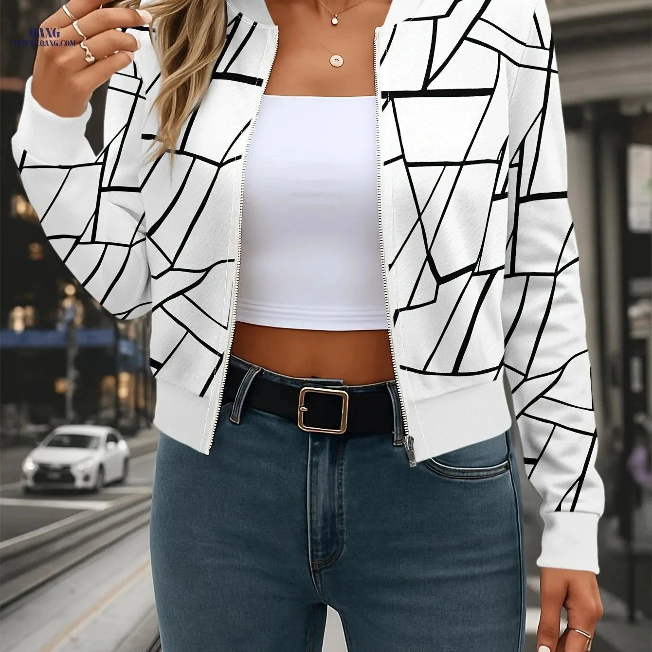 OAXG Women's Open Front Baseball Neck Jacket - Casual Striped Design   OAXG Peach / S
