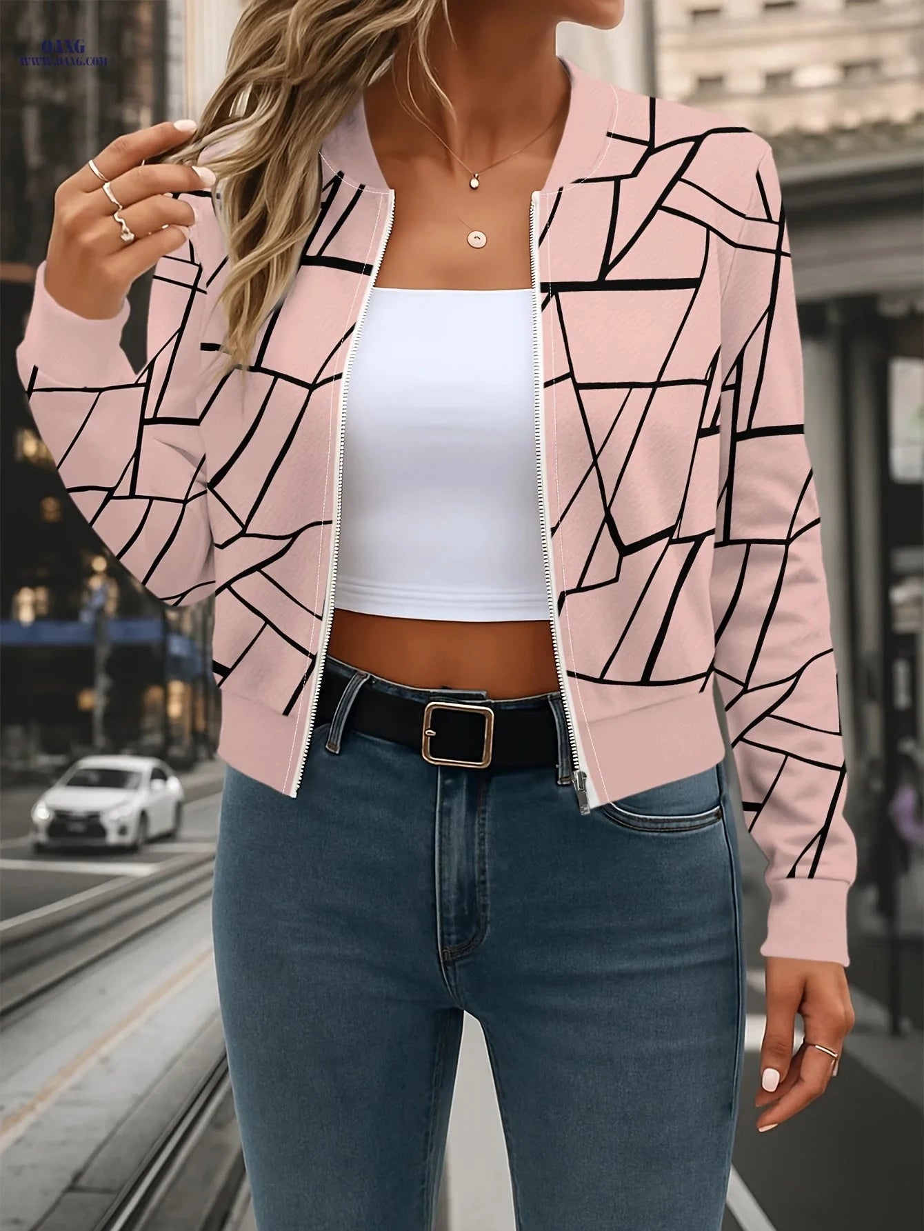 OAXG Women's Open Front Baseball Neck Jacket - Casual Striped Design   OAXG 
