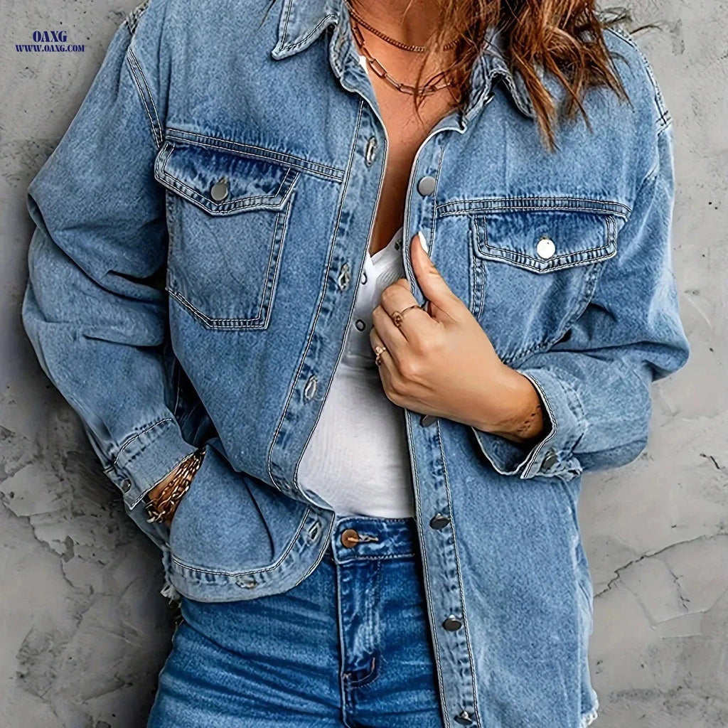 OAXG Women's Oversized Denim Jacket - Vintage Distressed Boyfriend Style   OAXG 