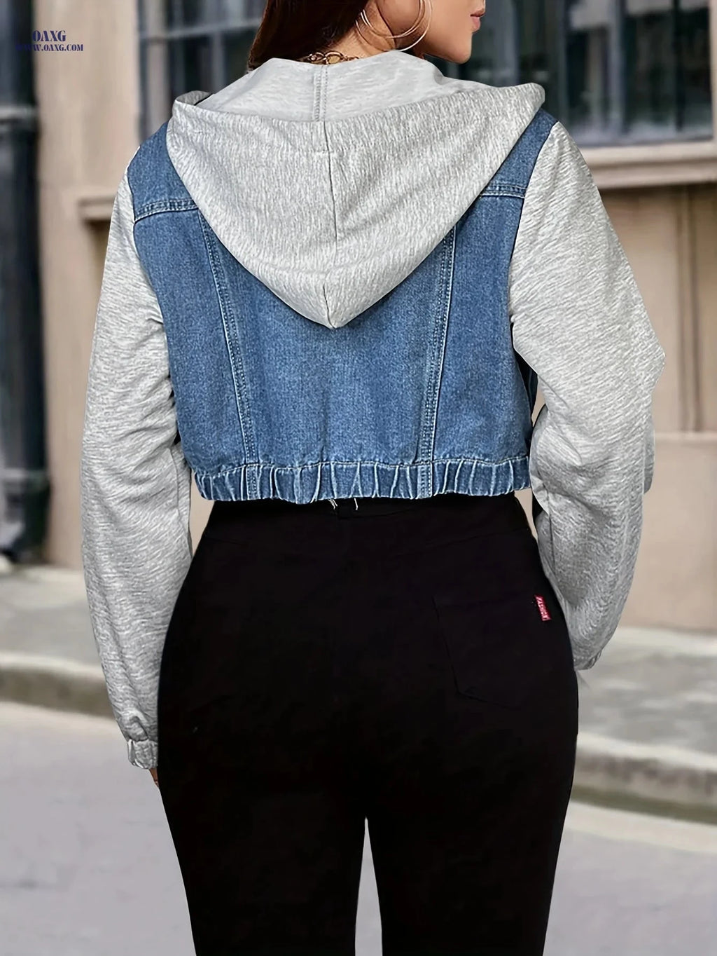 OAXG Women's Patchwork Denim Jacket - Distressed Long-Sleeve Hoodie   OAXG 