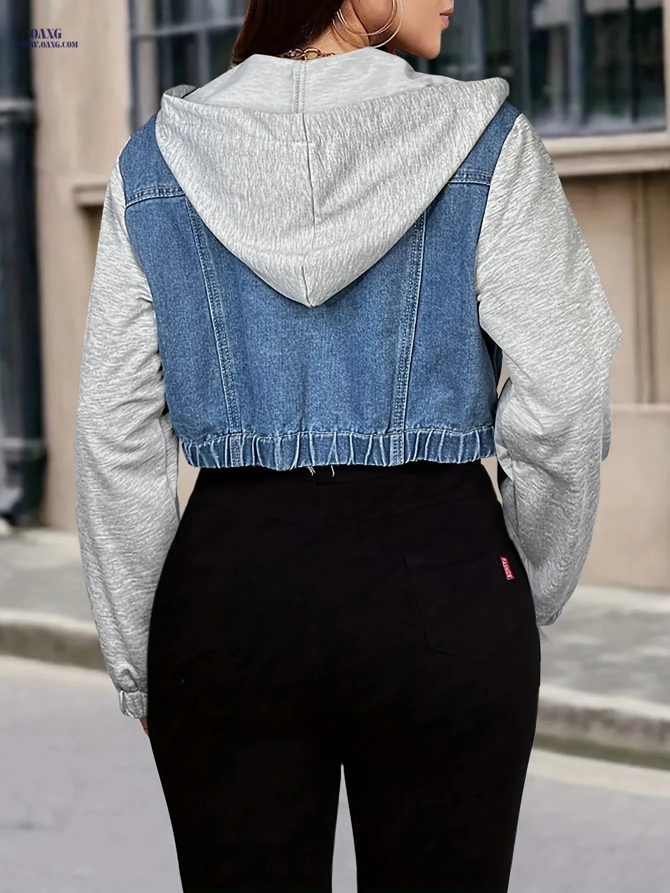 OAXG Women's Patchwork Denim Jacket - Distressed Long-Sleeve Hoodie   OAXG 