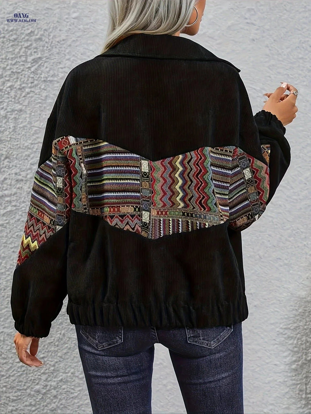OAXG Women's Patchwork Ethnic Long Sleeve Casual Jacket   OAXG Black / S