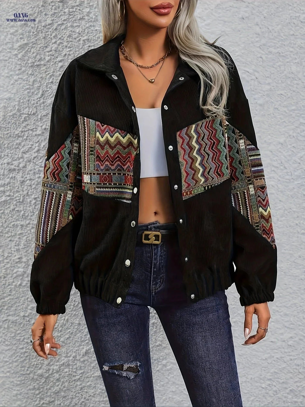 OAXG Women's Patchwork Ethnic Long Sleeve Casual Jacket   OAXG Black / S