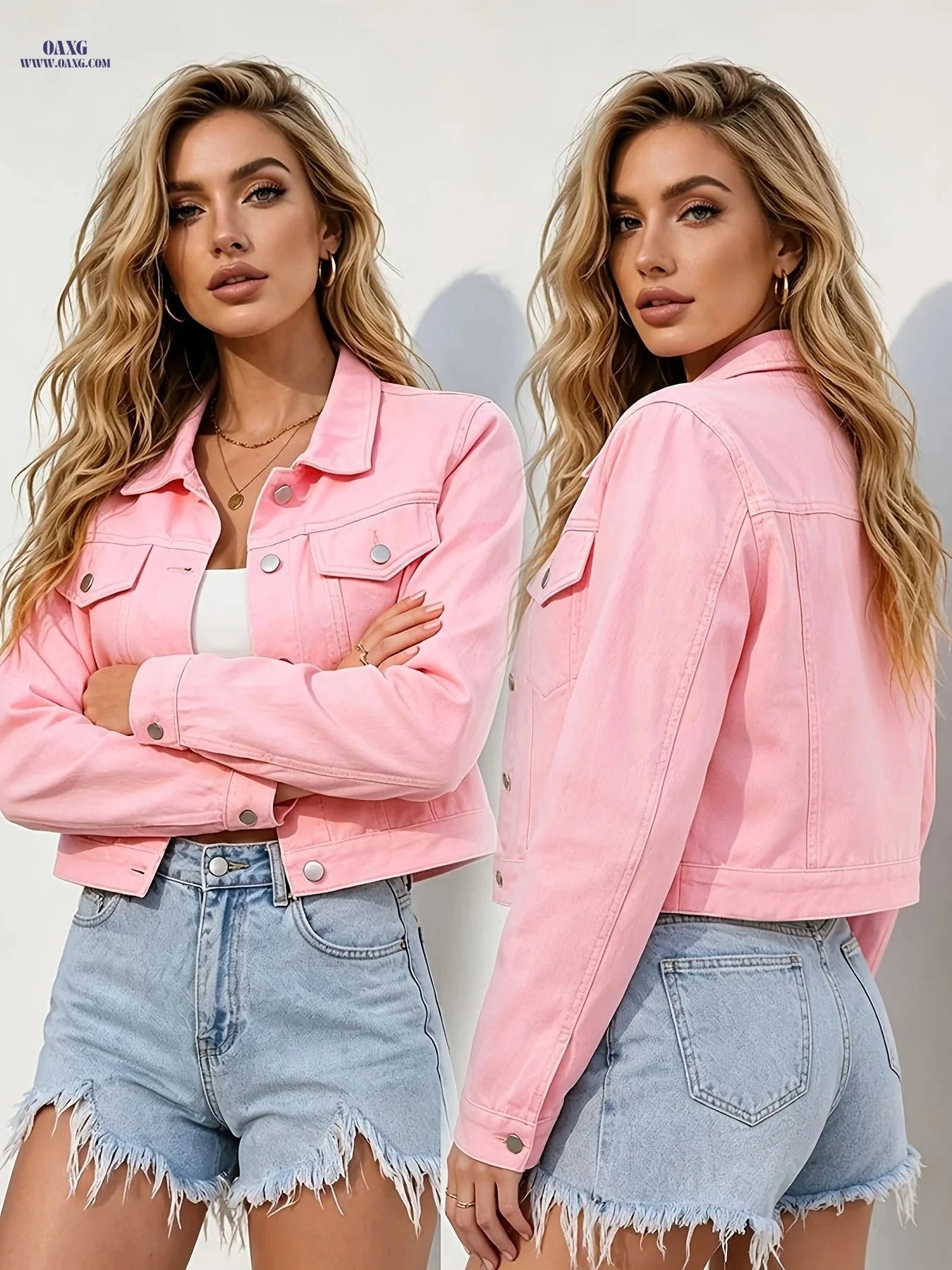 OAXG Women's Pink Denim Jacket - Casual Fall/Winter Style   OAXG 