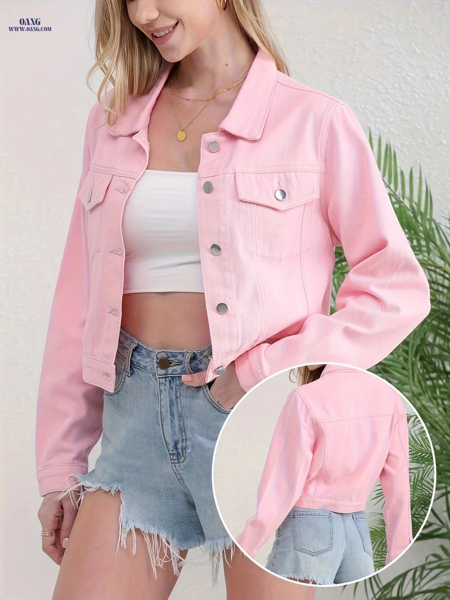 OAXG Women's Pink Denim Jacket - Versatile Spring/Fall Fashion   OAXG 