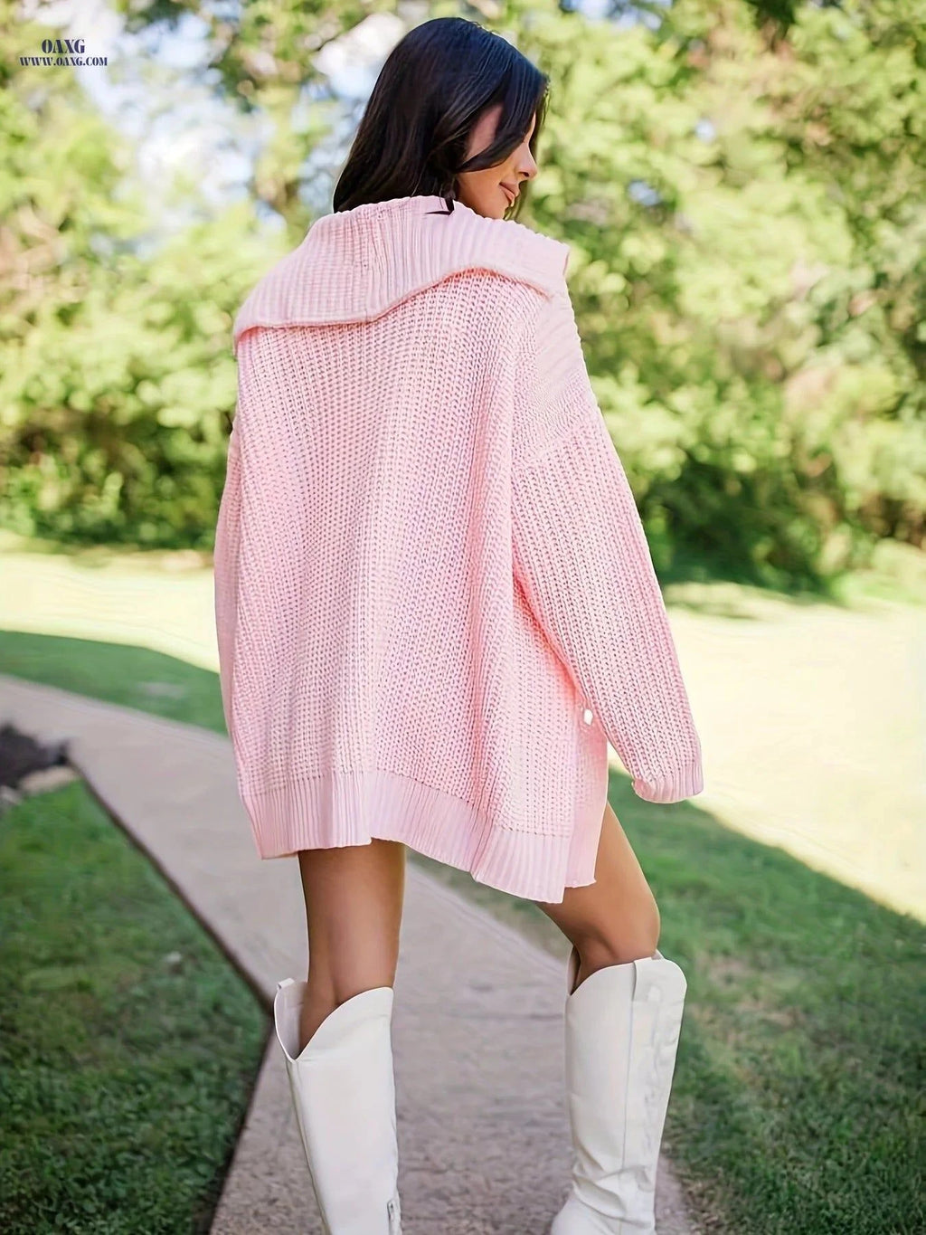 OAXG Women’s Pink Oversized Cardigan - Casual V-Neck for Fall   OAXG Pink / S