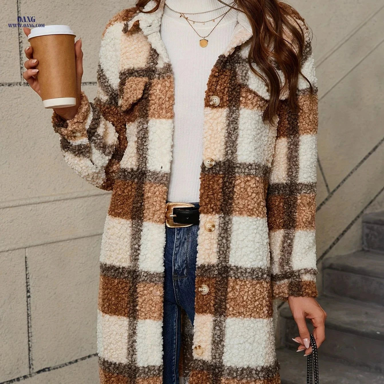 OAXG Women's Plaid Fuzzy Jacket - Casual Long Sleeve for Winter   OAXG Mixed colors / S