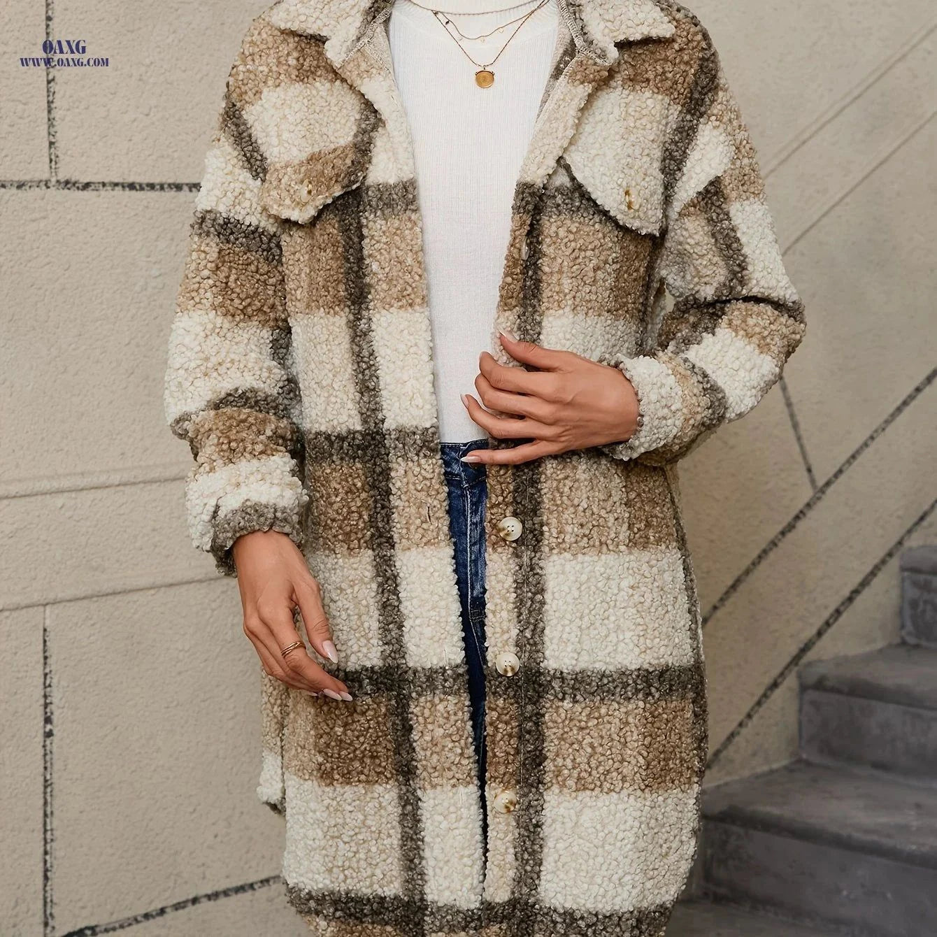 OAXG Women's Plaid Fuzzy Jacket - Casual Long Sleeve for Winter   OAXG Mixed colors / S