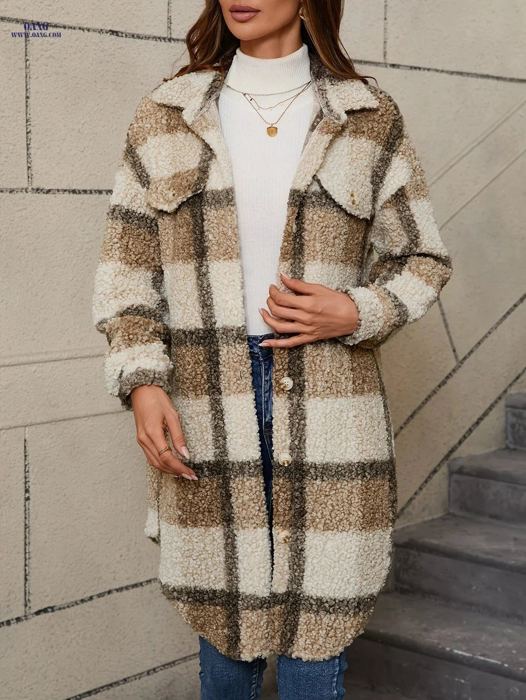 OAXG Women's Plaid Fuzzy Jacket - Casual Long Sleeve for Winter   OAXG Mixed colors / S
