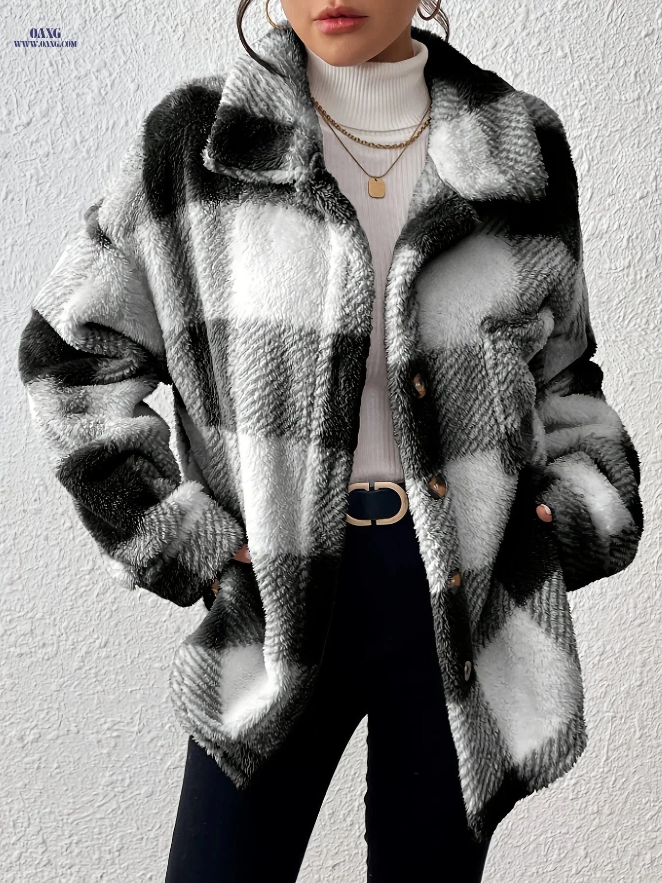 OAXG Women's Plaid Long-Sleeved Jacket - Warm & Casual Coat   OAXG 