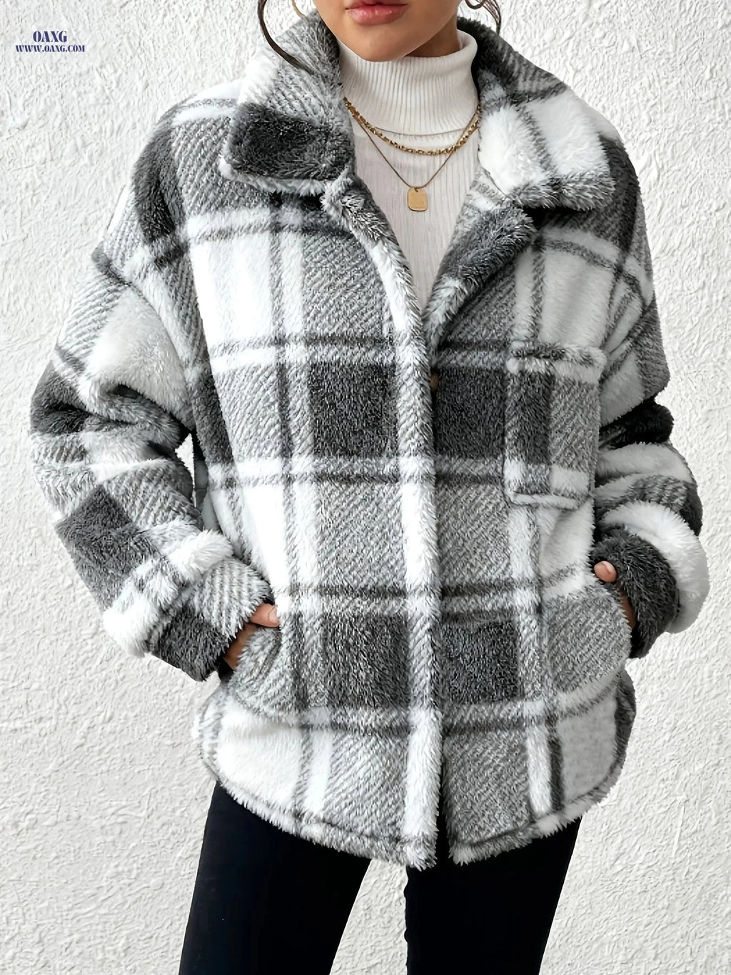 OAXG Women's Plaid Long-Sleeved Jacket - Warm & Casual Coat   OAXG 