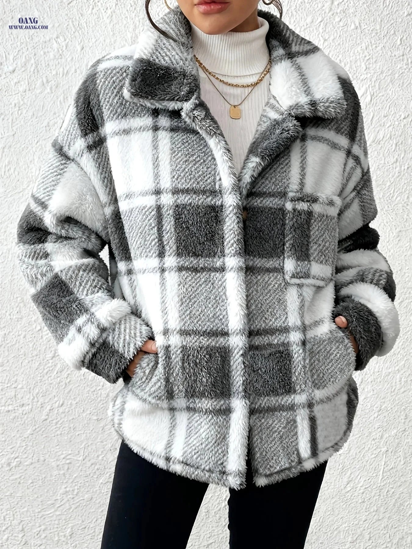 OAXG Women's Plaid Long-Sleeved Jacket - Warm & Casual Coat   OAXG 