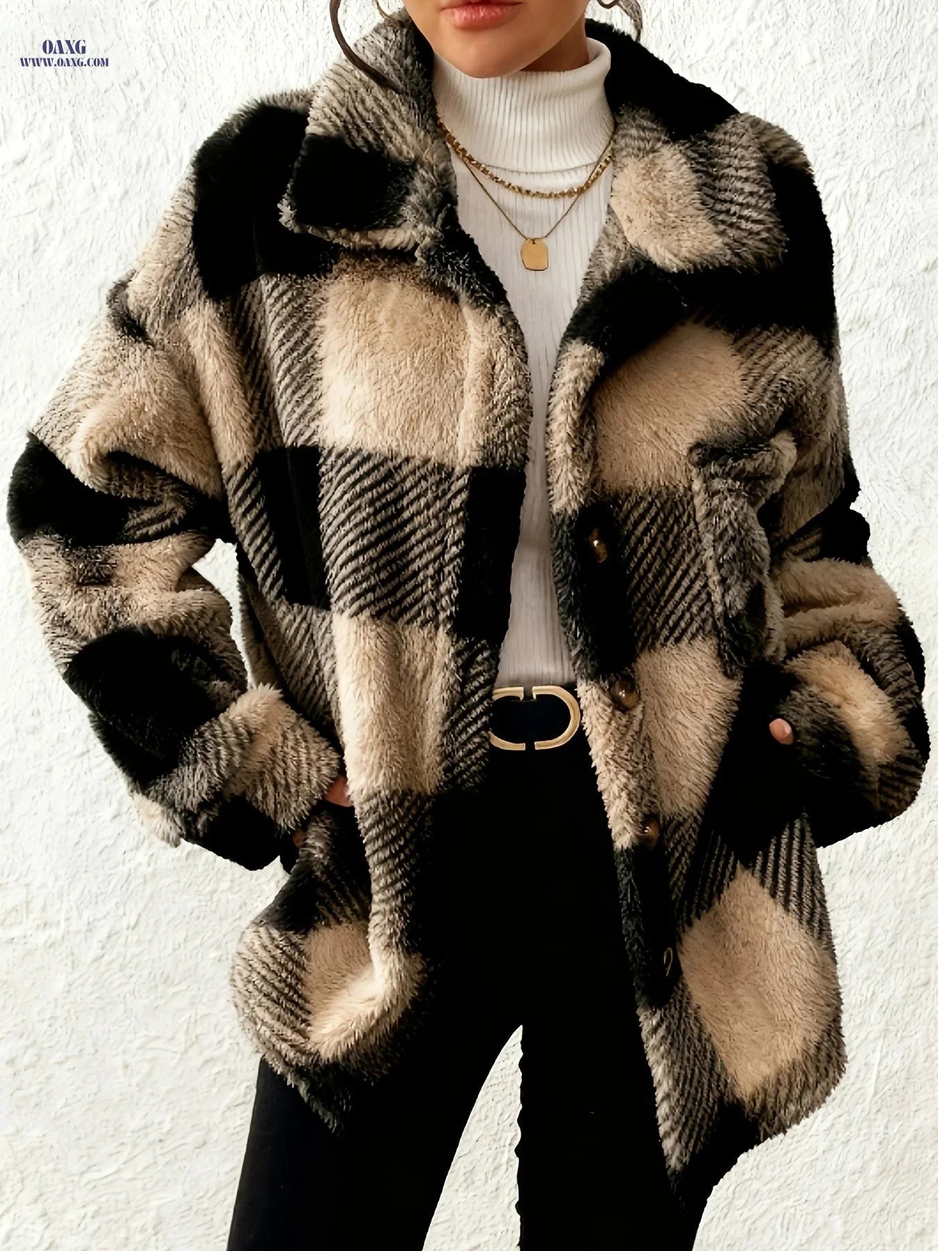OAXG Women's Plaid Long-Sleeved Jacket - Warm & Casual Coat   OAXG 